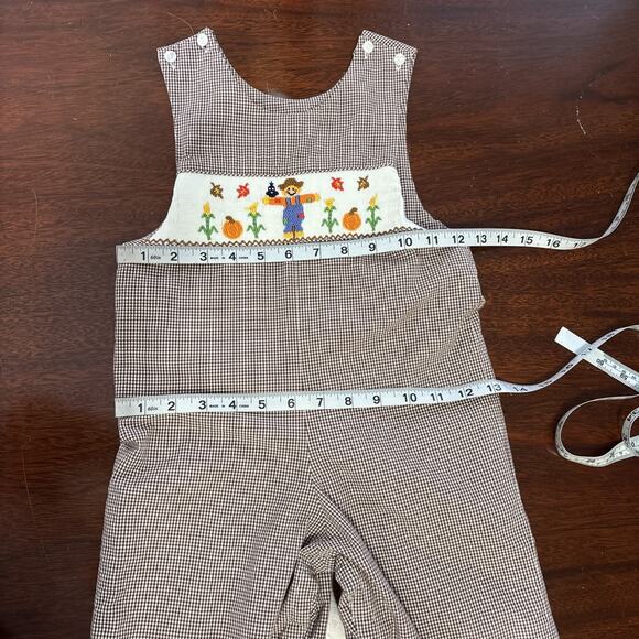Velani Boys Smocked Embroidered Romper Size 2 Fall Scarecrow Pumpkin Gingham - Picture 7 of 9